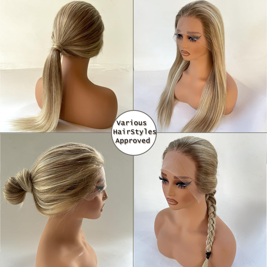Ash Blonde Wig Human Hair Lace Front Wigs 30 Inch 13X4 HD Glueless Wigs Human Hair Pre Plucked Balayage Ash Blonde Lace Front Wigs 180% Density Blond Highlights Lace Frontal Wigs for White Women