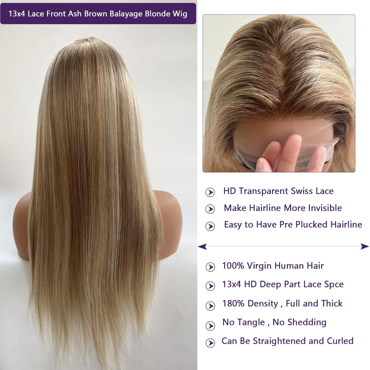 Ash Blonde Wig Human Hair Lace Front Wigs 30 Inch 13X4 HD Glueless Wigs Human Hair Pre Plucked Balayage Ash Blonde Lace Front Wigs 180% Density Blond Highlights Lace Frontal Wigs for White Women