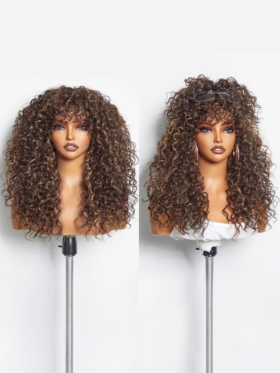 Veralux Blend Human Hair Glueless Curly Wig with Bangs Natural Black Synthetic Curtain Bang with Realistic Scalp Put on and Go 20 Inch