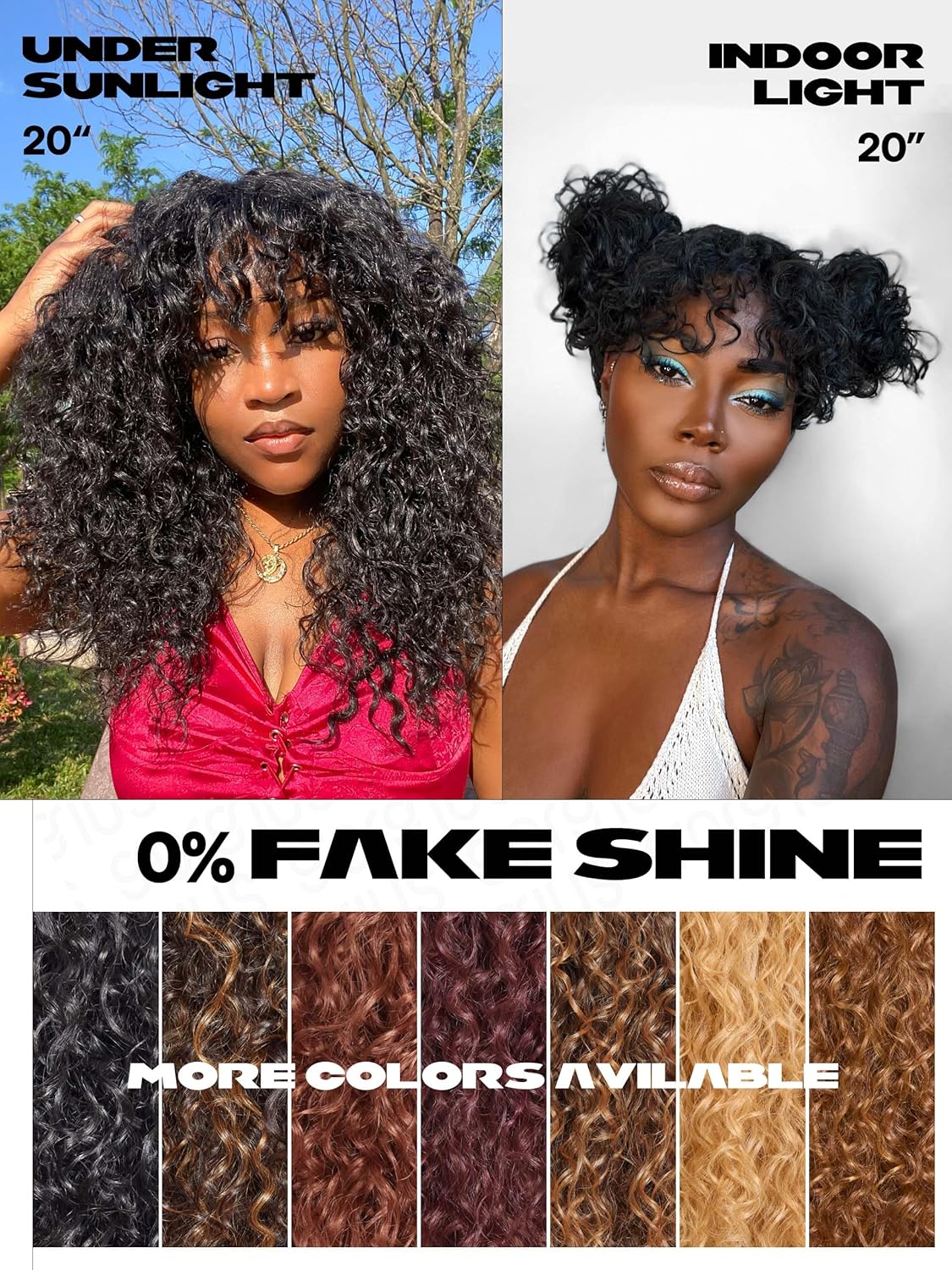 Veralux Blend Human Hair Glueless Curly Wig with Bangs Natural Black Synthetic Curtain Bang with Realistic Scalp Put on and Go 20 Inch