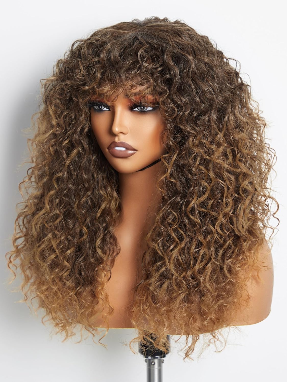 Veralux Blend Human Hair Glueless Curly Wig with Bangs Natural Black Synthetic Curtain Bang with Realistic Scalp Put on and Go 20 Inch