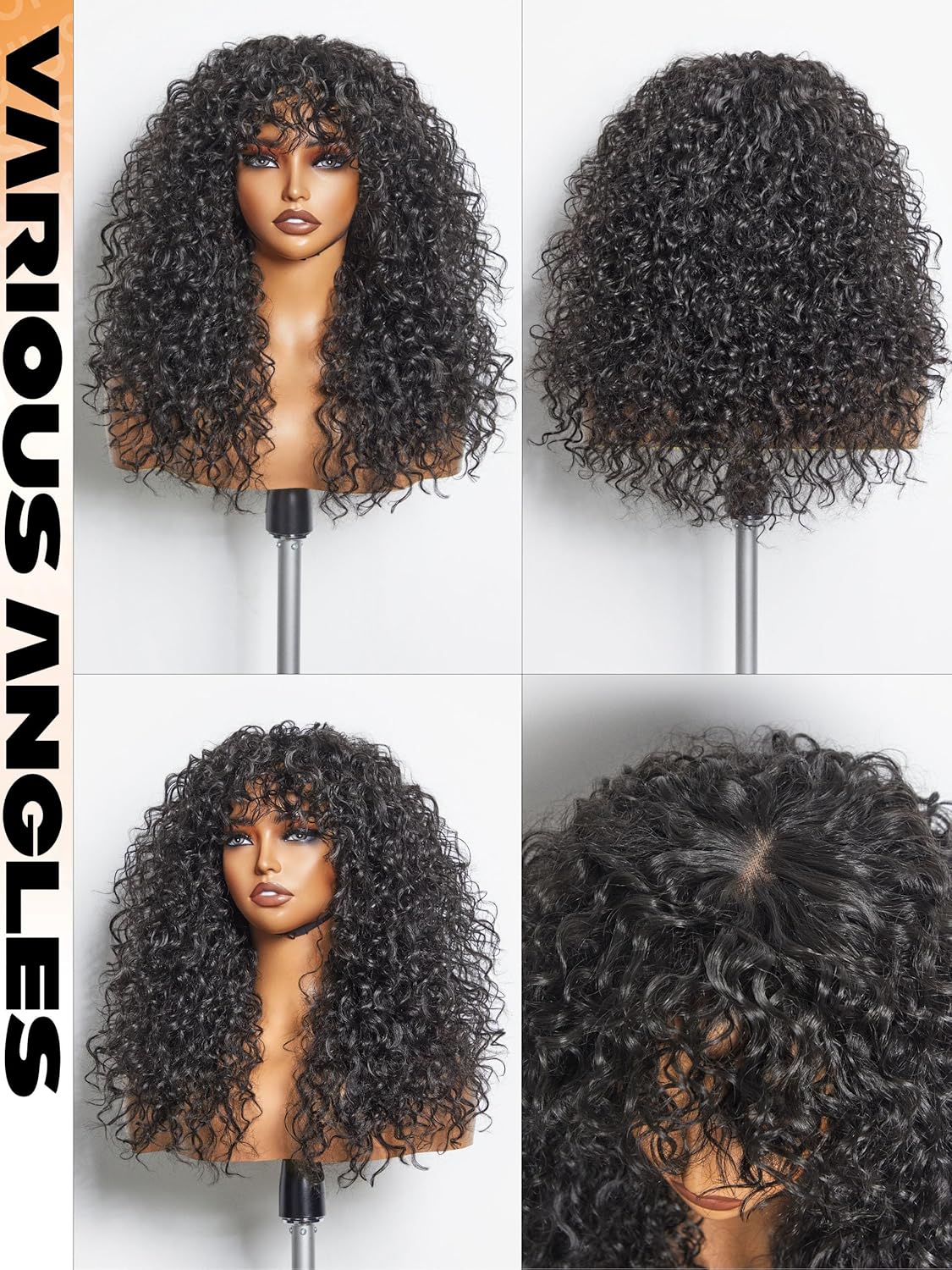 Veralux Blend Human Hair Glueless Curly Wig with Bangs Natural Black Synthetic Curtain Bang with Realistic Scalp Put on and Go 20 Inch