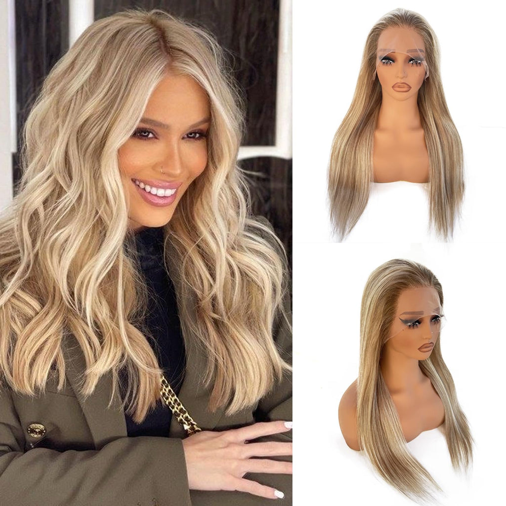 Ash Blonde Wig Human Hair Lace Front Wigs 30 Inch 13X4 HD Glueless Wigs Human Hair Pre Plucked Balayage Ash Blonde Lace Front Wigs 180% Density Blond Highlights Lace Frontal Wigs for White Women