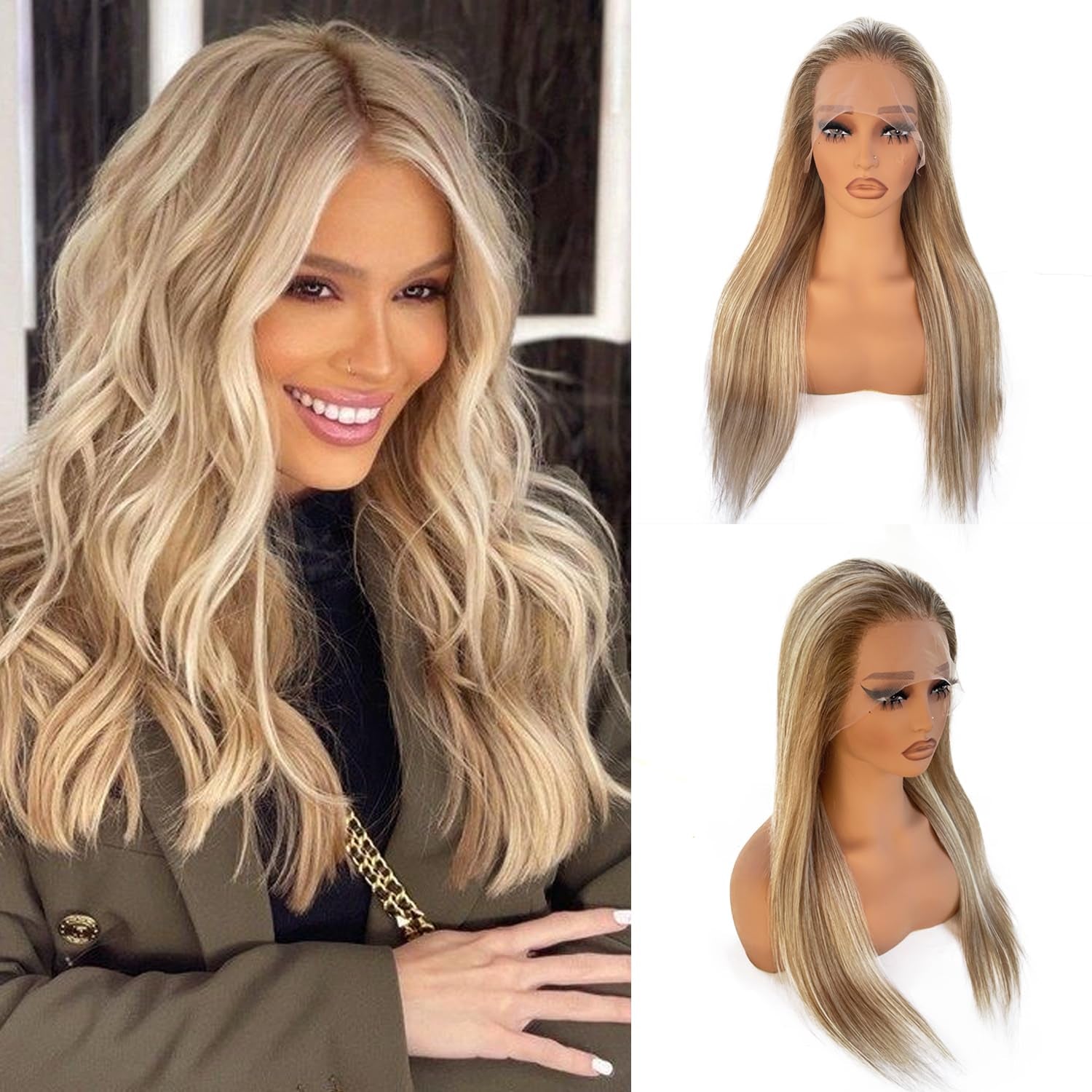 Ash Blonde Wig Human Hair Lace Front Wigs 30 Inch 13X4 HD Glueless Wigs Human Hair Pre Plucked Balayage Ash Blonde Lace Front Wigs 180% Density Blond Highlights Lace Frontal Wigs for White Women