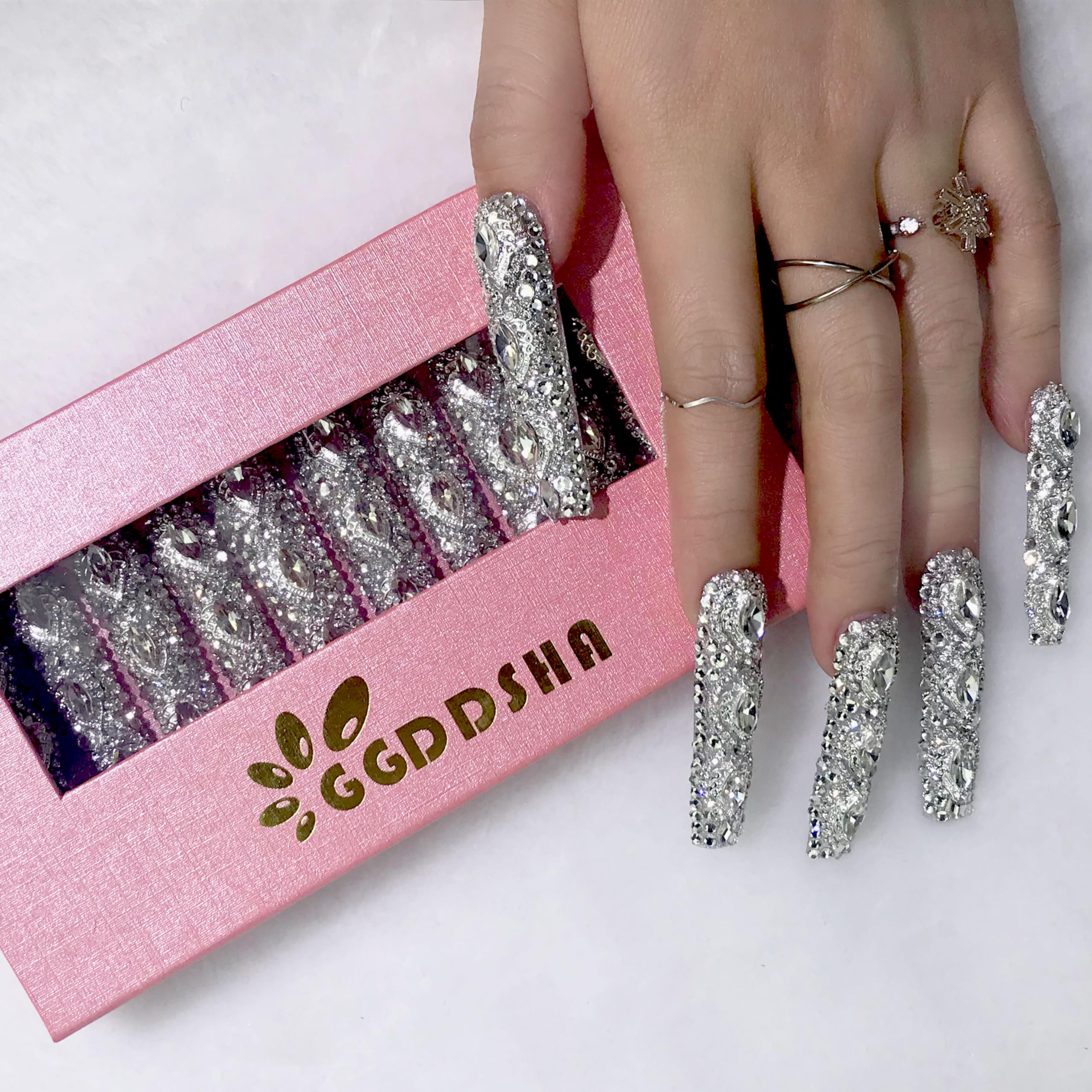 Full Diamond Long NailsP 3D Crystal Nails - Anaya Beauty